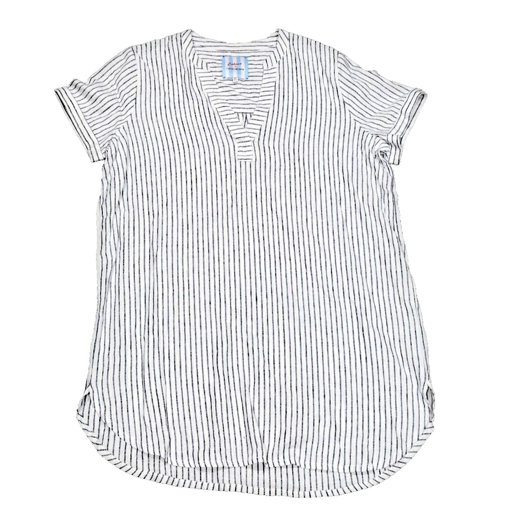 Casa Cabana Stripe Short Sleeve Tunic linen blend Top In White blue XL A005595